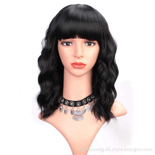 Vigorous wholesale cheap short wave burgundy color glueless synthetic hair wigs cosplay with bangs for black white women  hair